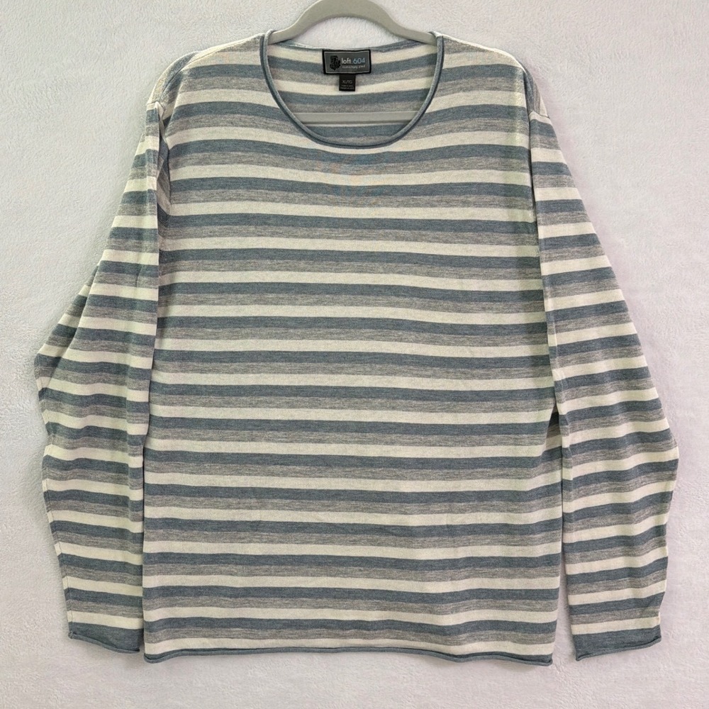 Loft 604 Mens XL Striped‎ Knit Sweater Grey White Outlast Cotton Linen Blend